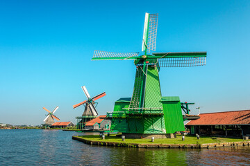 Naklejka premium Dutch windmills in Zaandam, Netherlands