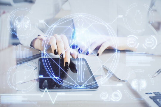 Double exposure of education theme sketch hologram and woman holding and using a mobile device.