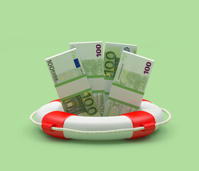 Bundles of euro banknotes in a lifebuoy on a green background. 3d illustration  - obrazy, fototapety, plakaty
