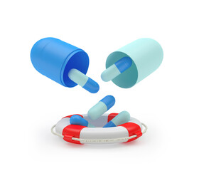Blue pills fall from a medical capsule into a lifebuoy. 3d illustration 