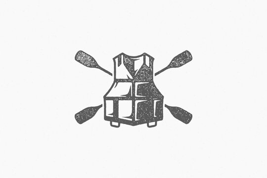 Silhouette of paddles crossed behind life vest as logo of boating hand drawn stamp effect vector illustration.