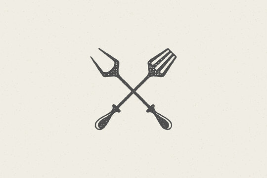 recommend clip art: Fork and spatula crossed silhouette as symbol barbecue food preparation hand drawn stamp effect vector illustration.