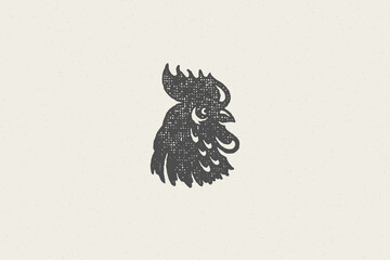 Black rooster head silhouette for poultry farm industry hand drawn stamp effect vector illustration. © provectors