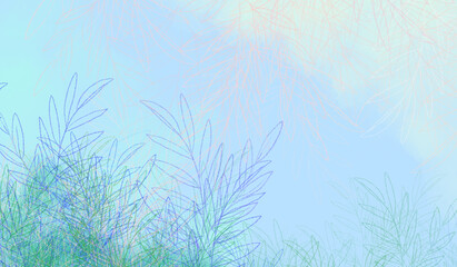 背の高い草の青い茂み、幼い日に草原に寝転んで見たような青い空　背景イラスト 
