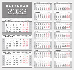 Calendar 2022. Wall quarterly calendar with week numbers. Week start from Monday. Ready for print, color - Black, Red, Silver. Vector Illustration