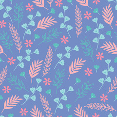 Fototapeta na wymiar Floral seamless pattern with leaves, palm branches, flowers. Scandinavian style