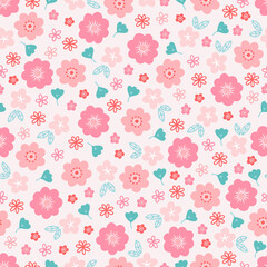Floral seamless pattern with blooming flowers and leaves. Scandinavian style