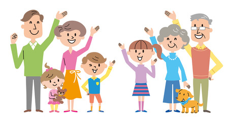 上方に手を向ける三世代家族の全身イラスト