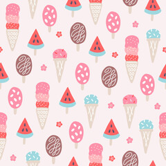 Food seamless pattern with different ice creams and flower