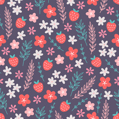 Floral seamless pattern with strawberry, flowers, leaves, branches. Scandinavian style