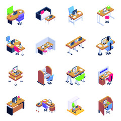 Pack of Working Area Isometric Icons 