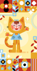 Cheerful little kitten girl smiling. Cartoon color vectron illustration with character and ornament