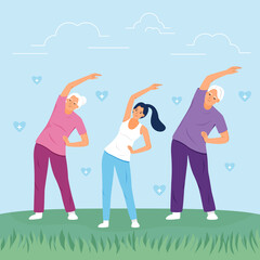 Happy family exercising together at the park. Family sport activity concept.