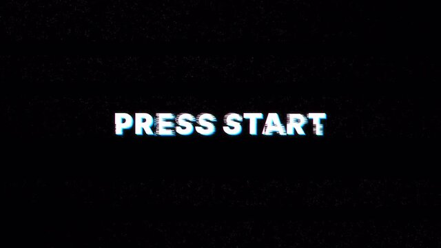 Retro Video Game Start Screen with Glitch. Press Start with Noisy Distortion. Glitch Digital Video. 4k Video with Alpha Channel. Transparent Background.