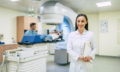 Cancer treatment in a modern medical private clinic or hospital with a linear accelerator....