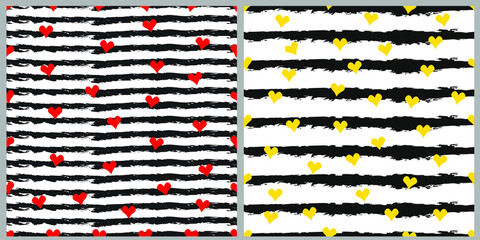 Set of seamless pattern with horizontal uneven black stripes and red and yellow hearts. Banner, background, wrapping paper, wallpaper, cover, print. Vector illustration. White isolate. 