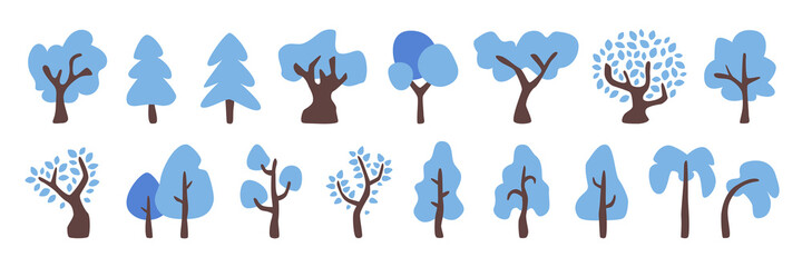 Trees set. Doodle for kids. Blue color. Simple cute and funny cartoon design. Plants isolated. Forest background. Flat style vector illustration. Tree silhouette. Icons collection.
