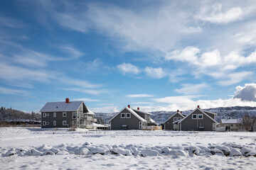 Spring and new snow on Mosheim residential area,Helgeland,Nordland county,Norway,scandinavia,Europe