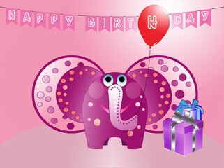 Happy Birthday card, pink elephant gives gifts
