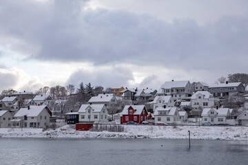 Spring and new snow on city residential area,Brønnøysund,Helgeland,Nordland county,Norway,scandinavia,Europe