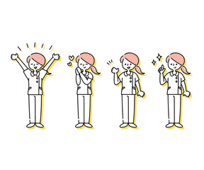 白衣を着た女性看護師の感情表現イラスト（全身）