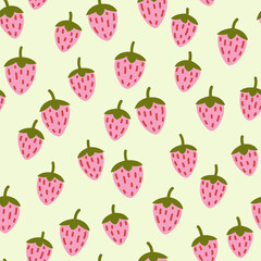 Seamless pattern with wild strawberries on a light green background.