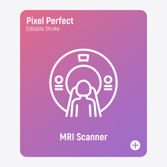 Human in MRI scanner thin line icon. Medical equipment for oncology detection. Pixel perfect, editable stroke. Vector illustration.