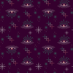 Abstract illustration of night sky, cosmic galaxy, stars. Open third eye of soul. Seamless vector pattern for design of tarot cards, esoteric sessions, textiles, packaging. Trendy shades of colors.
