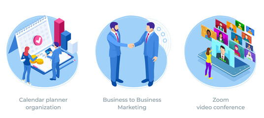 Isometric web business concept of financial administration, accounting, analysis, audit, financial report. Business to Business Marketing, Calendar planner organization