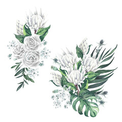Set of watercolor tropical bouquets with flowers and leaves on a white background.