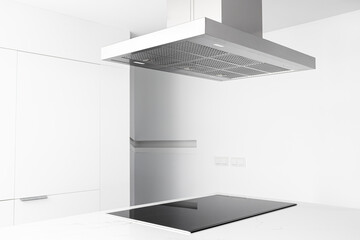 View of a cooker hood and electric stove of a modern and minimalist kitchen - obrazy, fototapety, plakaty