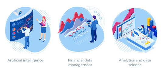 Isometric web business concept of financial administration, accounting, analysis, audit, financial report. Auditing tax process. Documents, graphics, charts, planner, calendar, report.