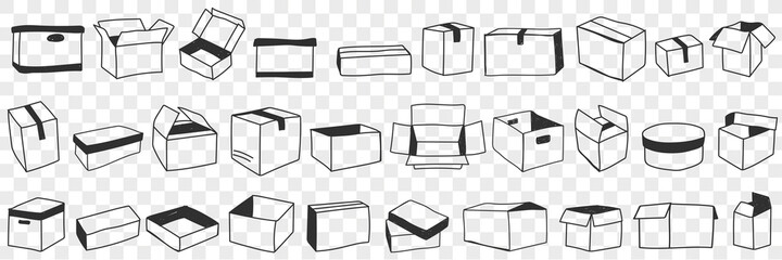 Open and closed boxes doodle set. Collection of hand drawn various shapes of open and closed parcel boxes for delivery and transporting orders isolated on transparent background © drawlab19