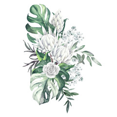Watercolor tropical bouquet with white roses and protea on a white background for wedding decor.