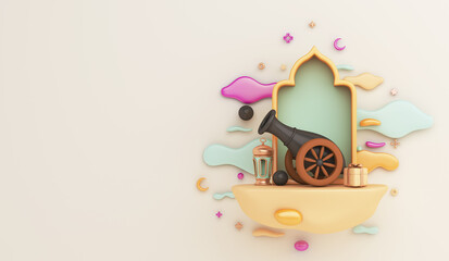 Islamic decoration background with cannon, lantern, gift box, cloud cartoon style, ramadan kareem, mawlid, iftar, isra  miraj, eid al fitr adha, muharram, copy space text area, 3D illustration.