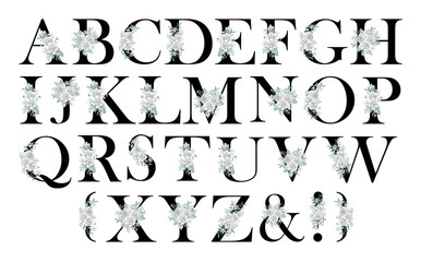 Watercolor set of black letters with bouquets of white flowers on a white background.