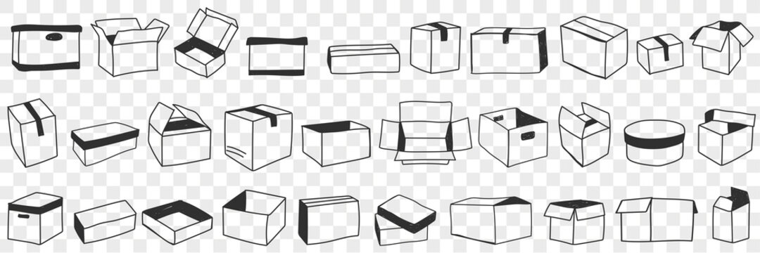 Open and closed boxes doodle set. Collection of hand drawn various shapes of open and closed parcel boxes for delivery and transporting orders isolated on transparent background