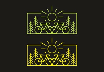 Green and yellow illustration of road bike in nature with dark background