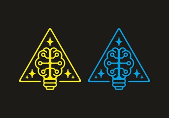 Blue and yellow illustration of bulb brain in dark background