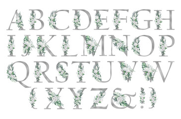 Beautiful watercolor alphabet with silver letters and bouquets with white flowers on a white background for decoration.