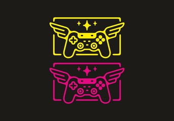 Pink and yellow color of modern joystick in dark background