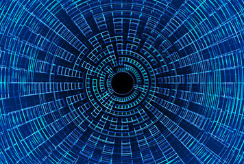 Data stream. Blue neon hi tech background. Dark blue circular background. Modern cyberspace virtual banner, copy space.