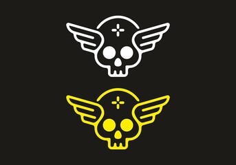 White and yellow illustration of skeleton head with dark background