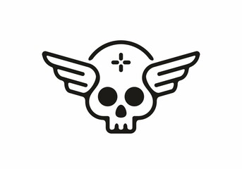 Black line art illustration of skull head with wings