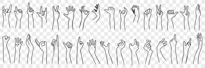 Hand gesture language doodle set. Collection of hand drawn human hands expressing various signs symbols with fingers and palms isolated on transparent background