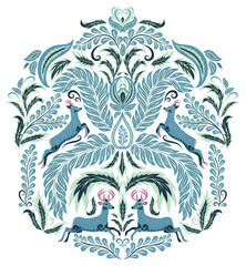 Ornament with deers  in the style of Damask on a transparent background. Design for printable.