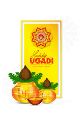 Happy Ugadi Greeting Card Background With Decorated Kalash