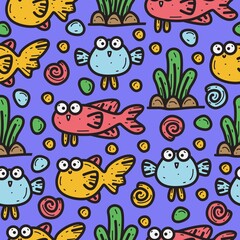 Fototapeta na wymiar hand drawn cartoon fish doodle pattern design