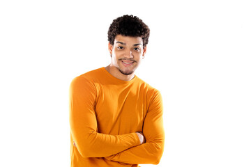 Smiling young man with afro hair wearing orange sweater