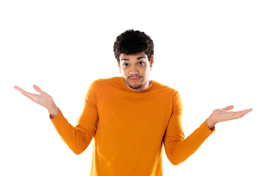 Puzzled afro guy wearing a orange sweater